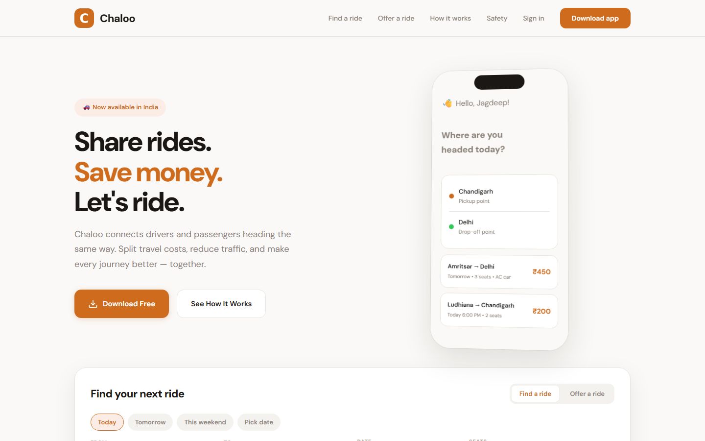 chalooapp.com home page: headline Share rides. Save money. Let's ride., with a phone mock-up showing rides from Amritsar and Ludhiana.