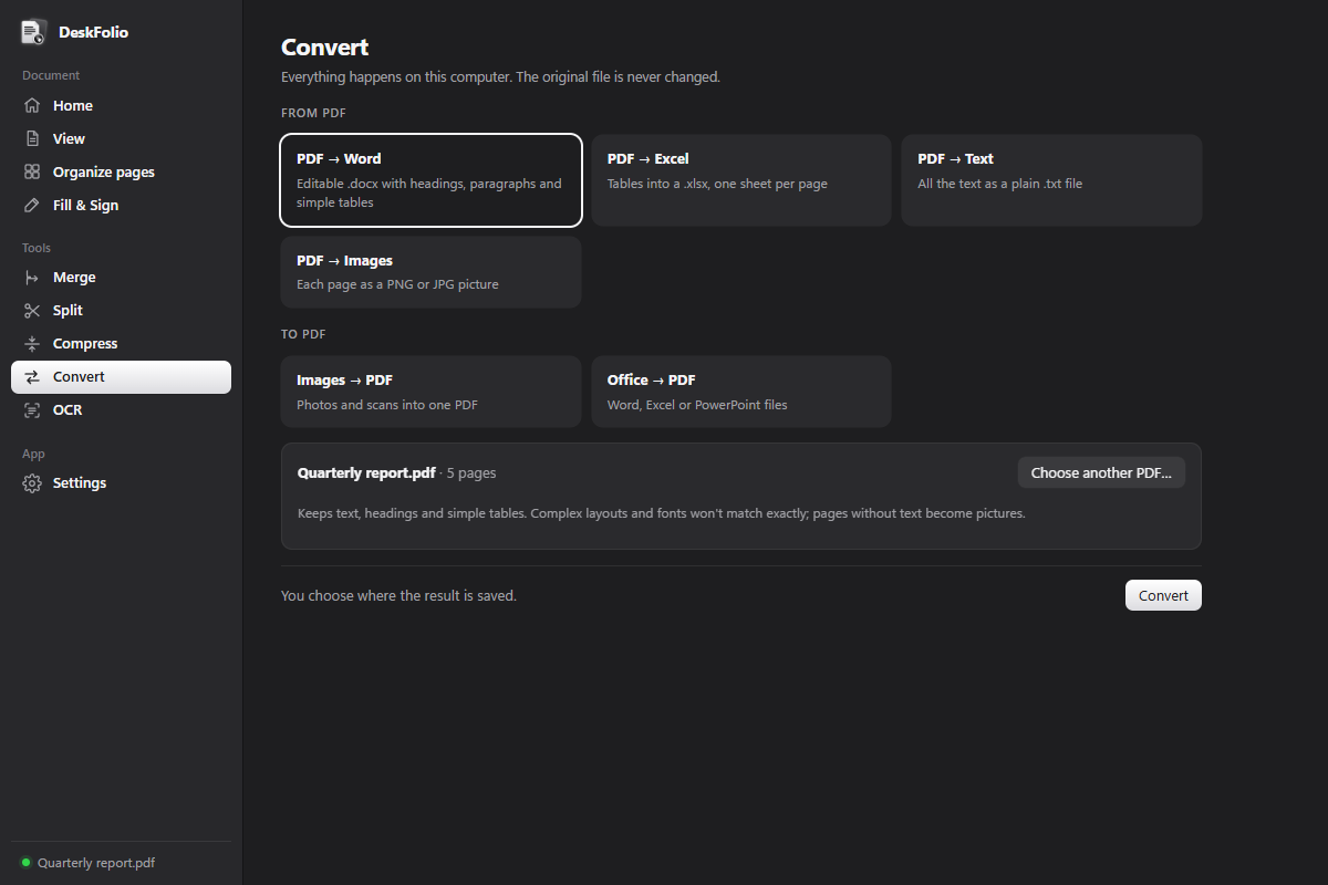 DeskFolio's Convert page with PDF to Word, Excel, Text and Images, and Images or Office files to PDF.