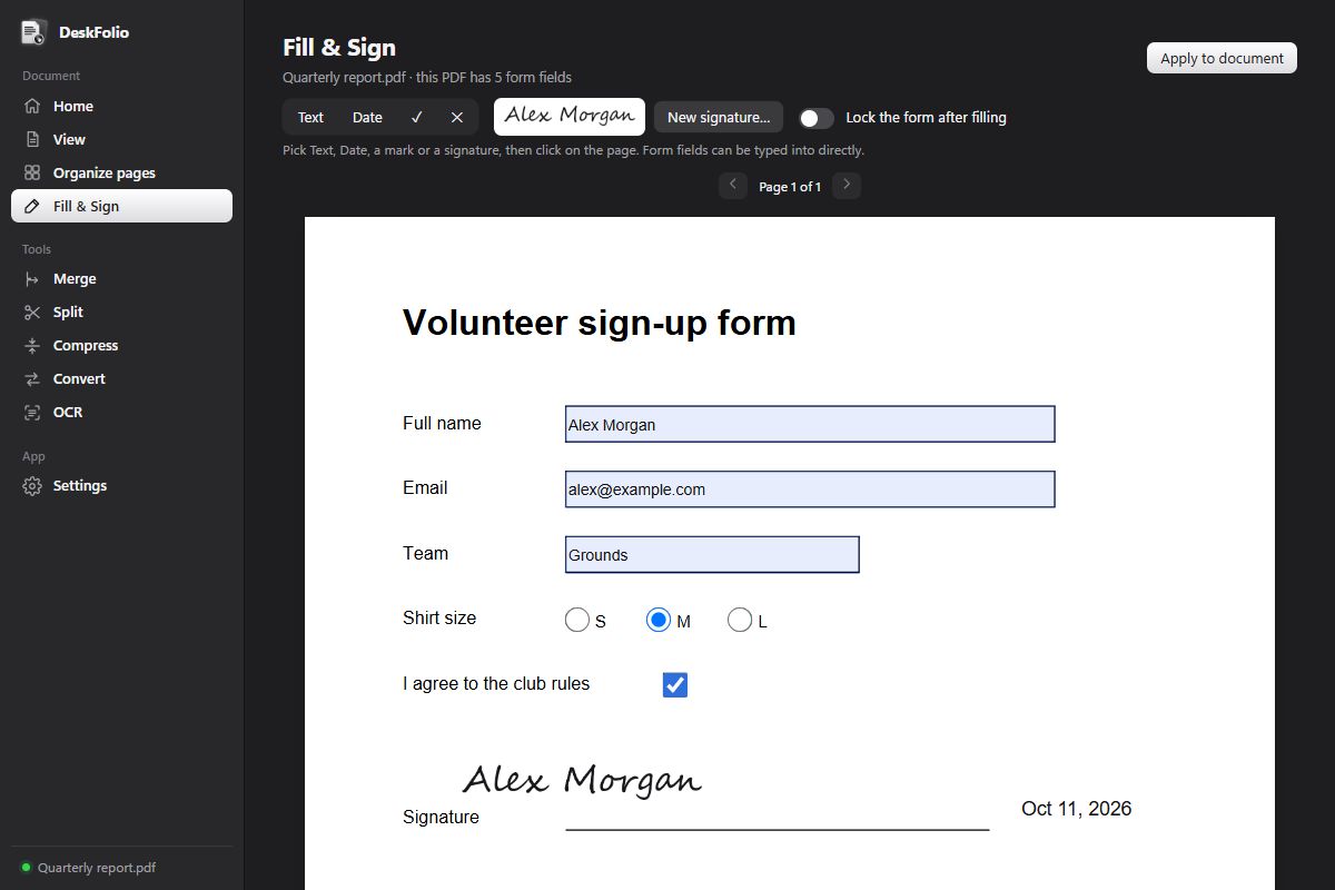 DeskFolio's Fill & Sign page: a form filled in, with a handwritten-style signature and a date.