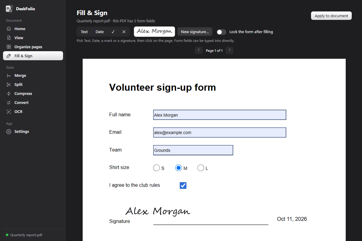 DeskFolio's Fill & Sign page: a form filled in, with a handwritten-style signature and a date.