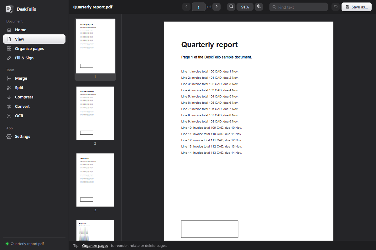 DeskFolio viewing a PDF with page thumbnails, zoom and a Find text box.