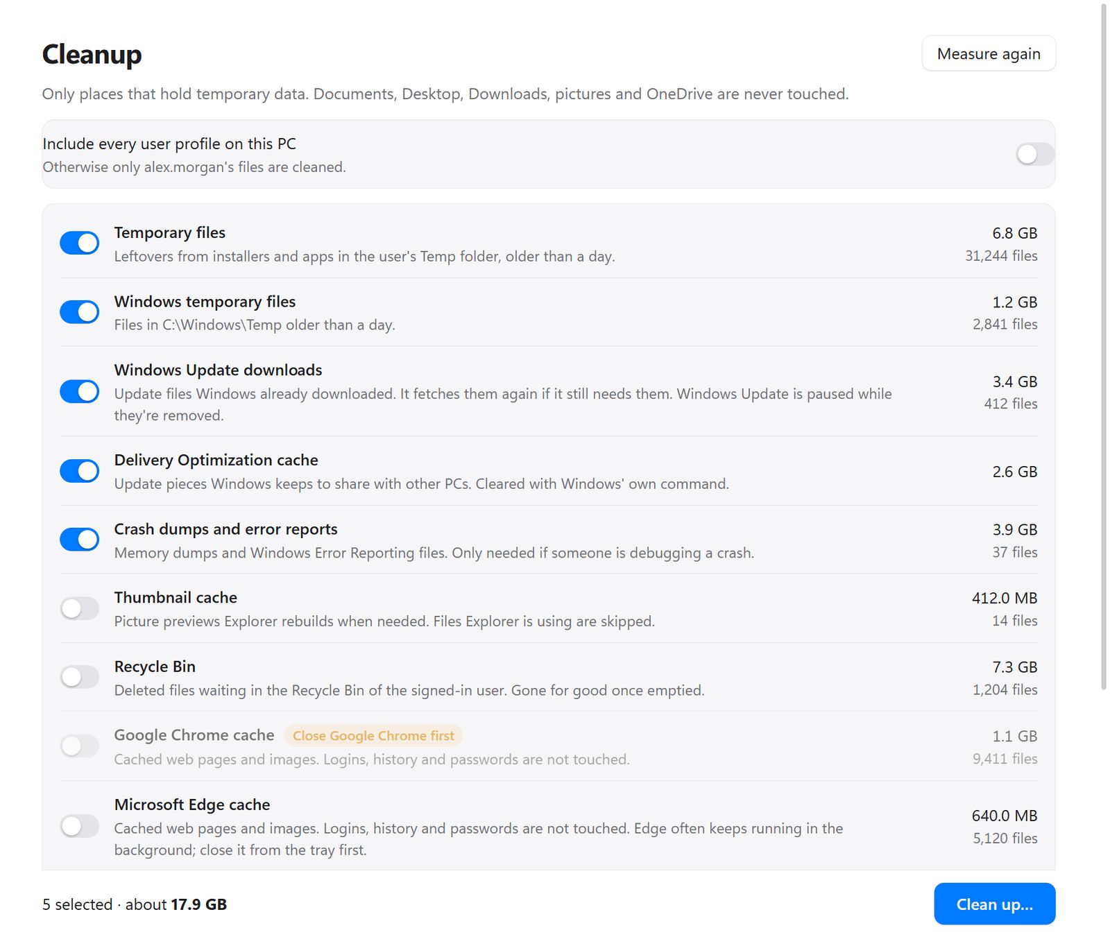 DeskMedic's Cleanup page listing temporary files, Windows Update downloads, crash dumps and browser caches with measured sizes and on/off toggles.