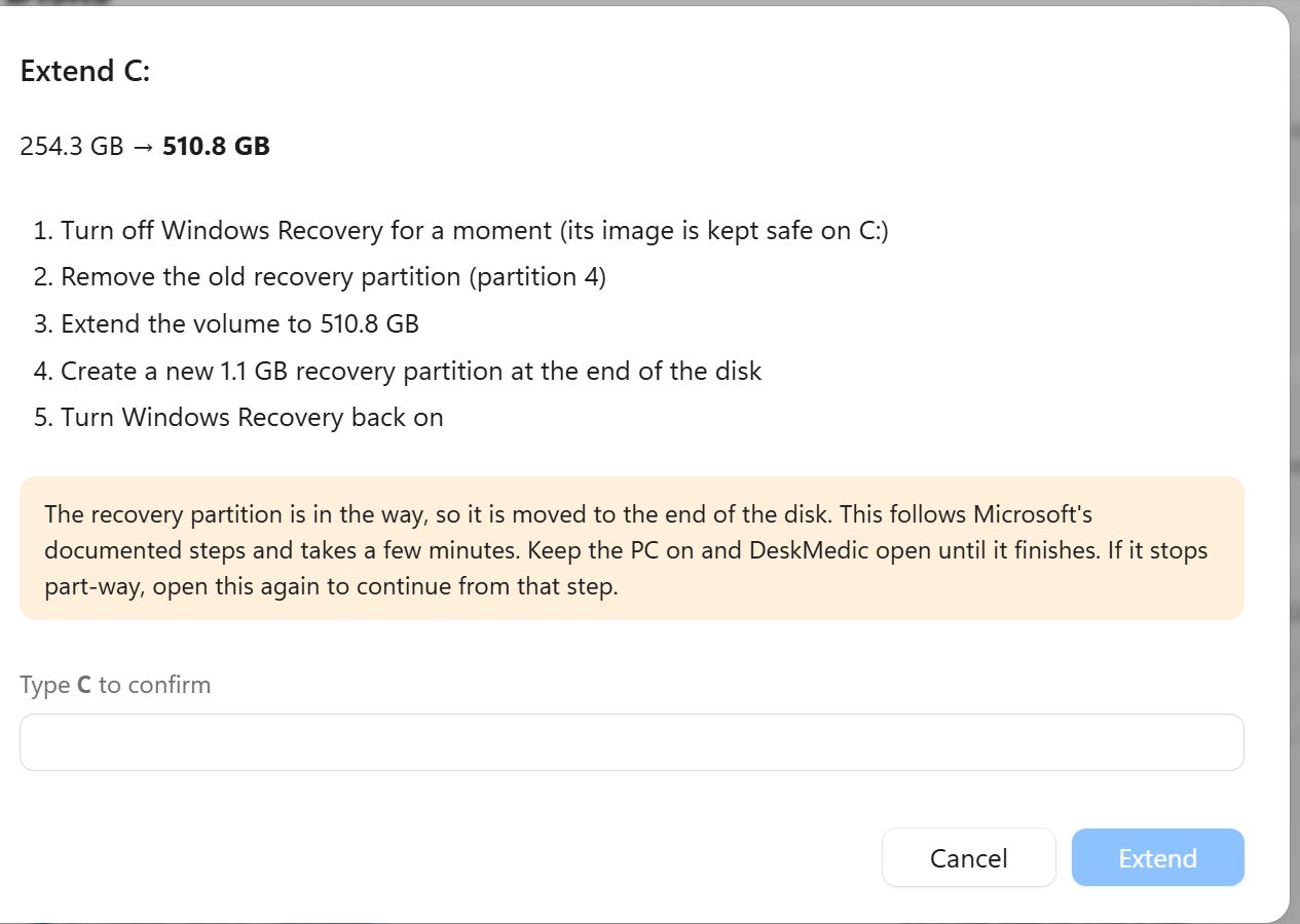 DeskMedic's Extend C: dialog listing the five steps to move the recovery partition and grow C: from 254 to 511 GB, asking to type C to confirm.
