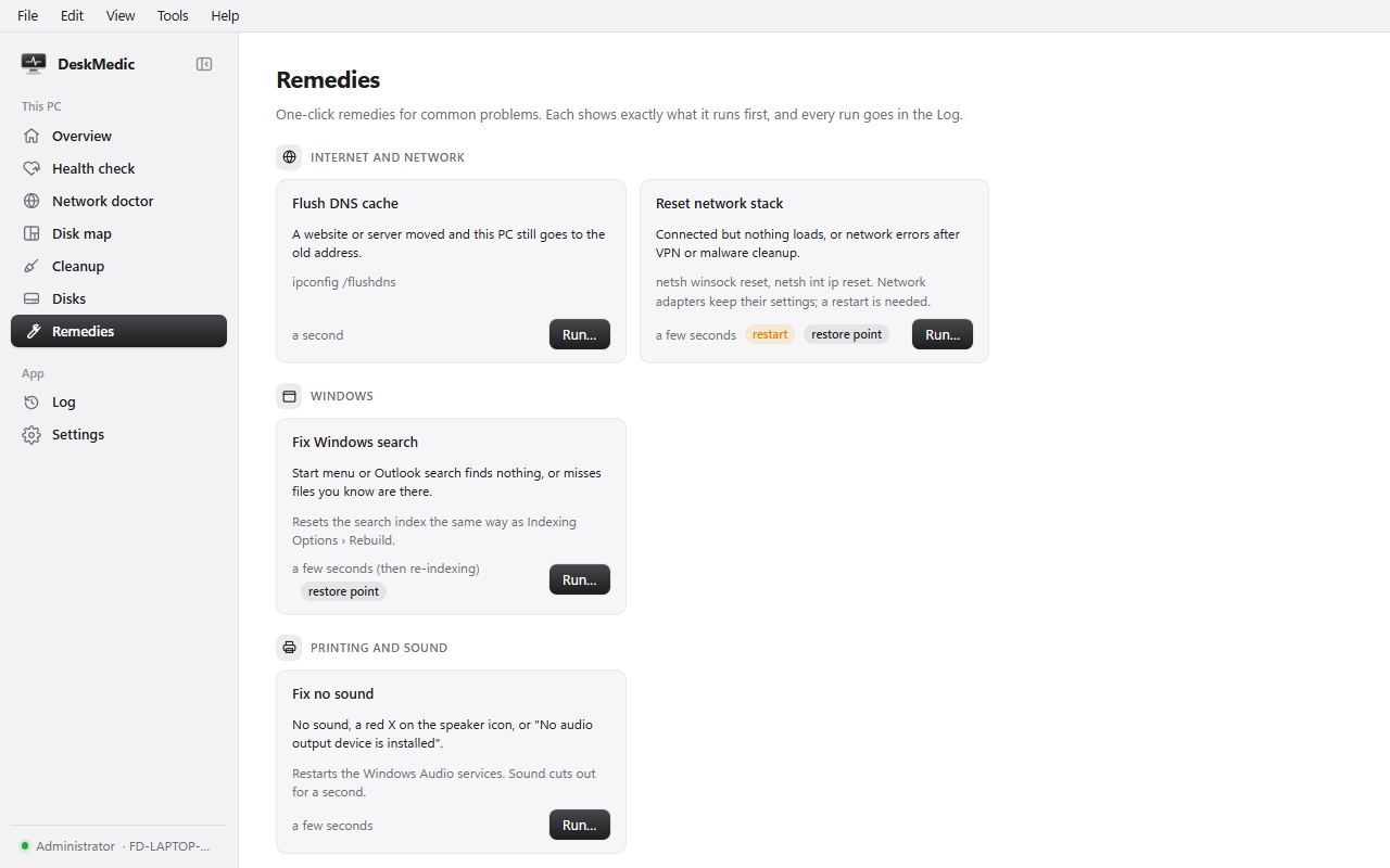 DeskMedic's Remedies: flush DNS, reset the network stack, fix Windows search and fix no sound, each with what it runs.