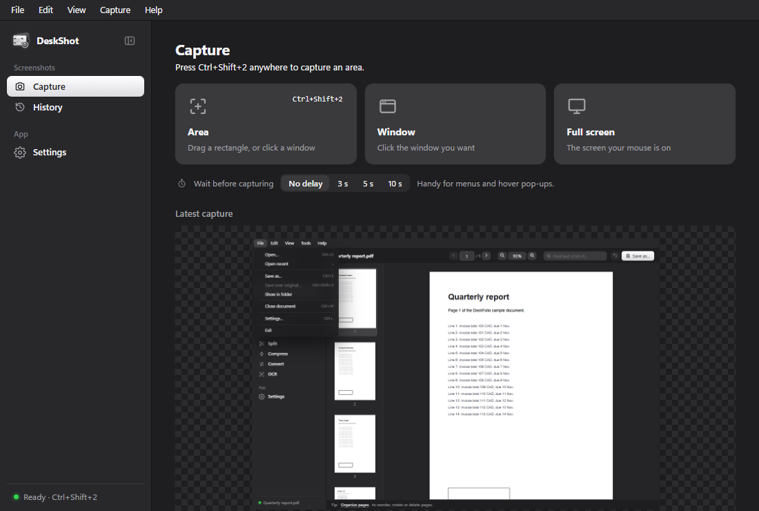 DeskShot's Capture page with Area, Window and Full screen buttons and the latest capture below.