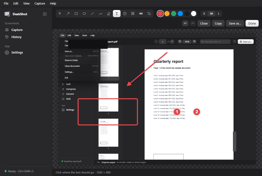 DeskShot's editor with an arrow, a red box, numbered steps and a blacked-out area on a captured window.