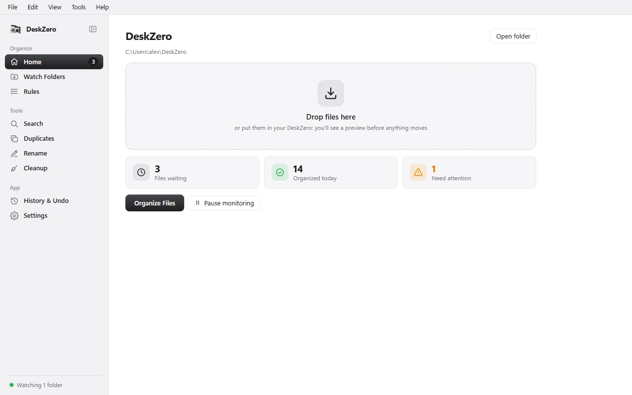 DeskZero's home screen: a Drop files here area and counters for files waiting, organized today and needing attention.