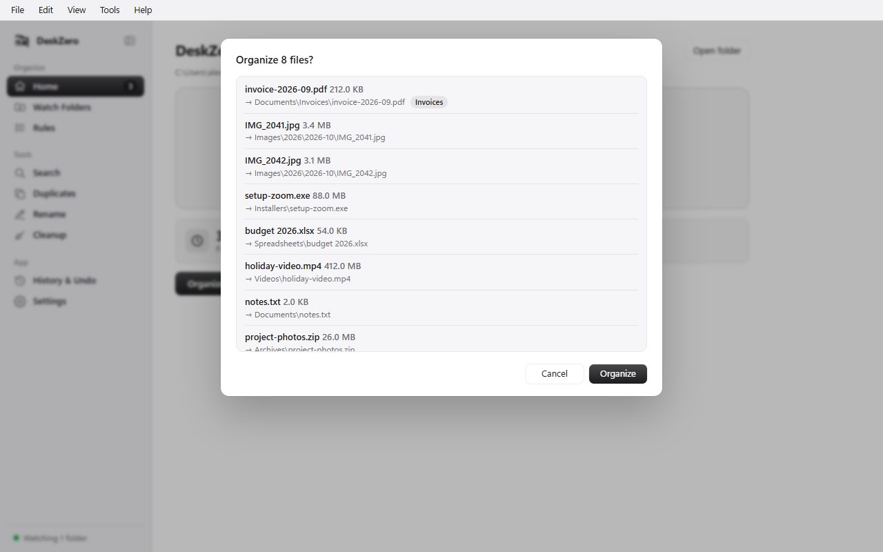 DeskZero's preview listing each file and the folder it will move to.