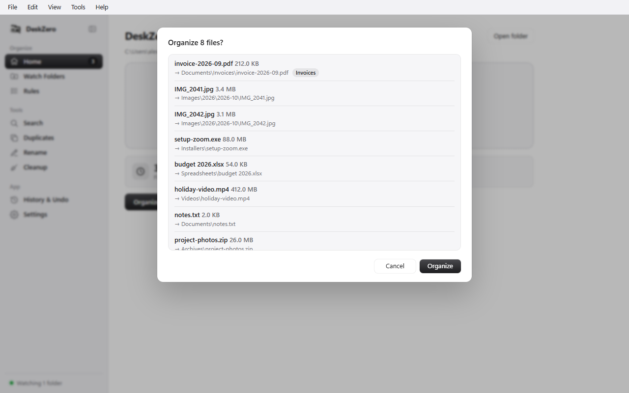 DeskZero's Organize 8 files? preview listing each file and the folder it will move to, such as an invoice going to Documents › Invoices.