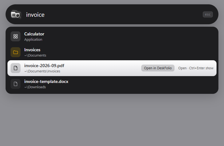 DeskZero's search bar finding invoice files, with an Open in DeskFolio button on the selected PDF.
