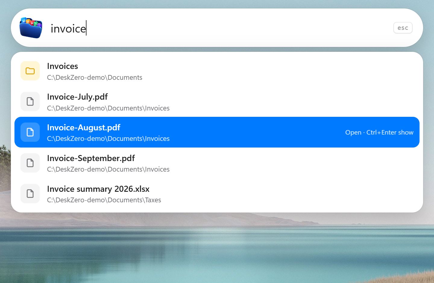 DeskZero's floating search bar over the desktop, finding files and apps as you type.