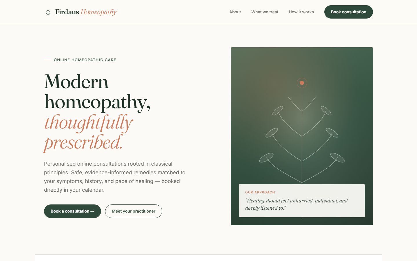 firdaushomeopathy.com home page: headline Modern homeopathy, thoughtfully prescribed., with a Book a consultation button and a botanical illustration.