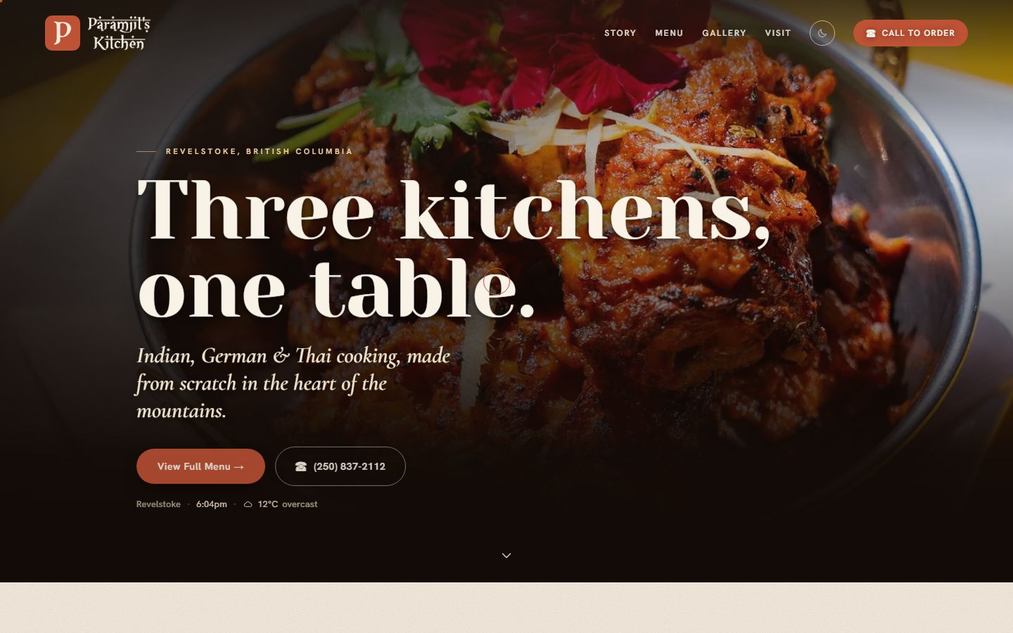 pamskitchen.ca home page: a plated curry photo under the headline Three kitchens, one table., with menu and phone buttons.