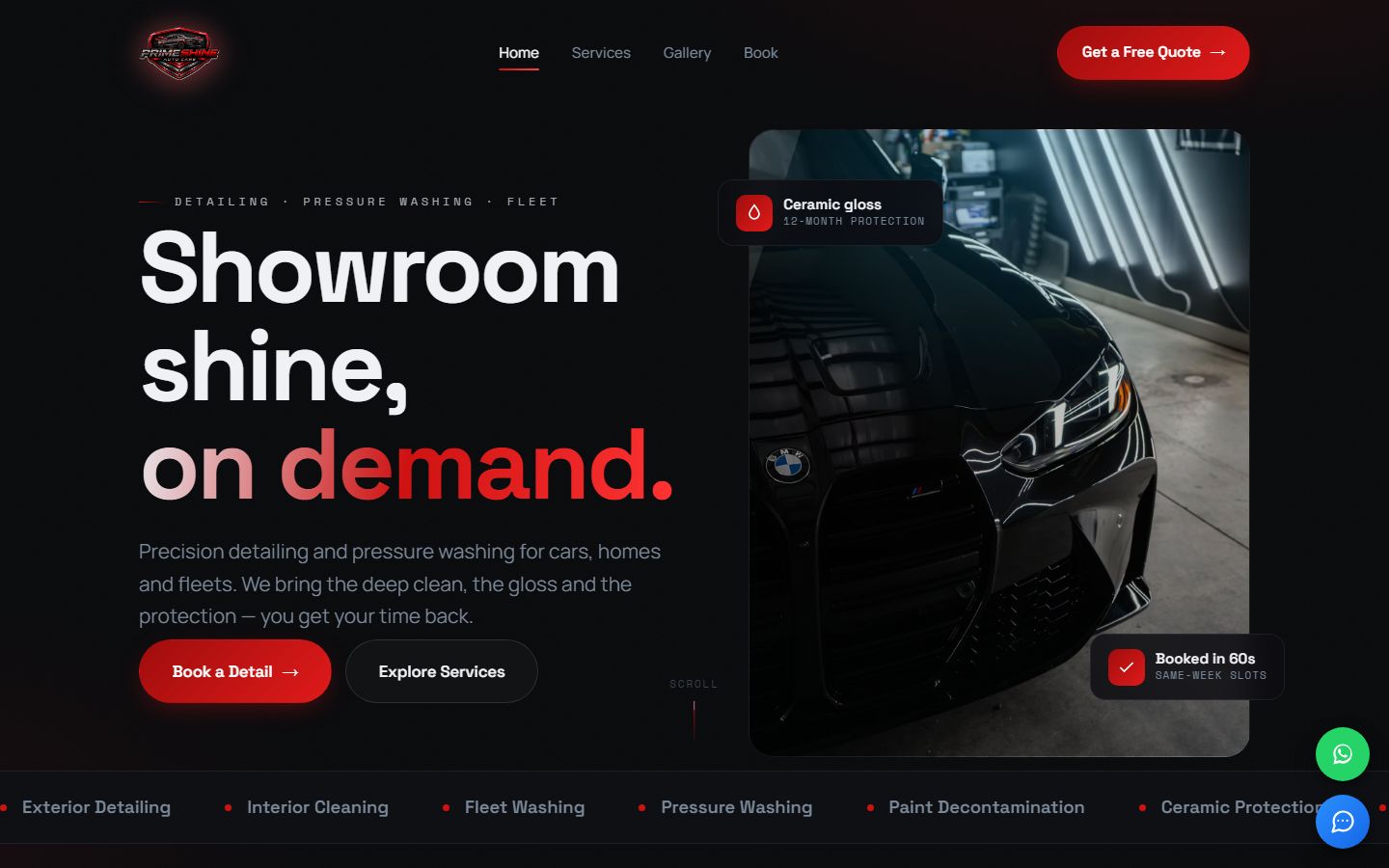 primeshineautocare.ca home page: headline Showroom shine, on demand. beside a photo of a freshly detailed black car, with Book a Detail and Explore Services buttons.